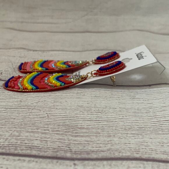 Natasha Multi-Color Beaded Dangle Earrings Striped Felt Back Post Push Back - Picture 6 of 16